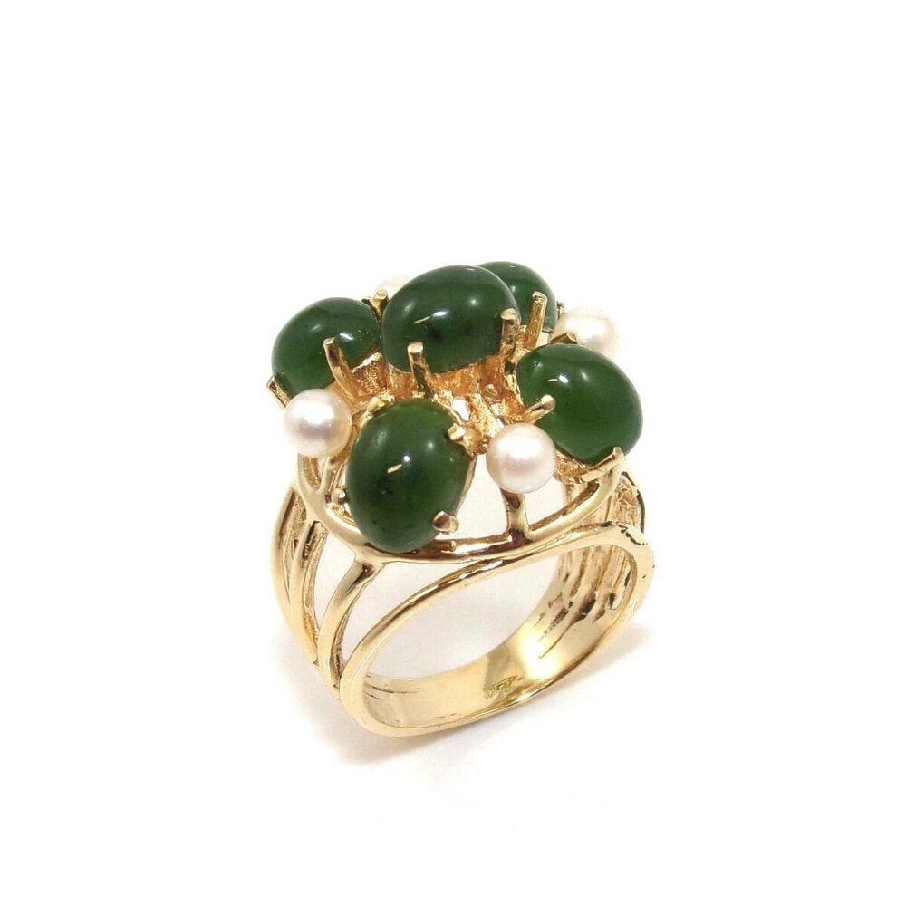 Vintage 14K Yellow Gold Green Jade Pearl Cluster Ring Size 6.5
